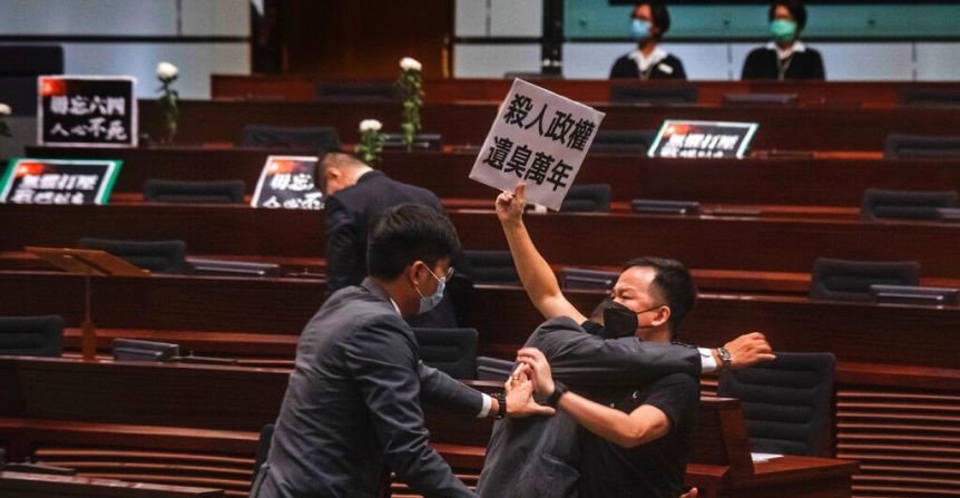 Protest During Law Passed in Hong Kong Criminalizing Offending Chinese National Anthem